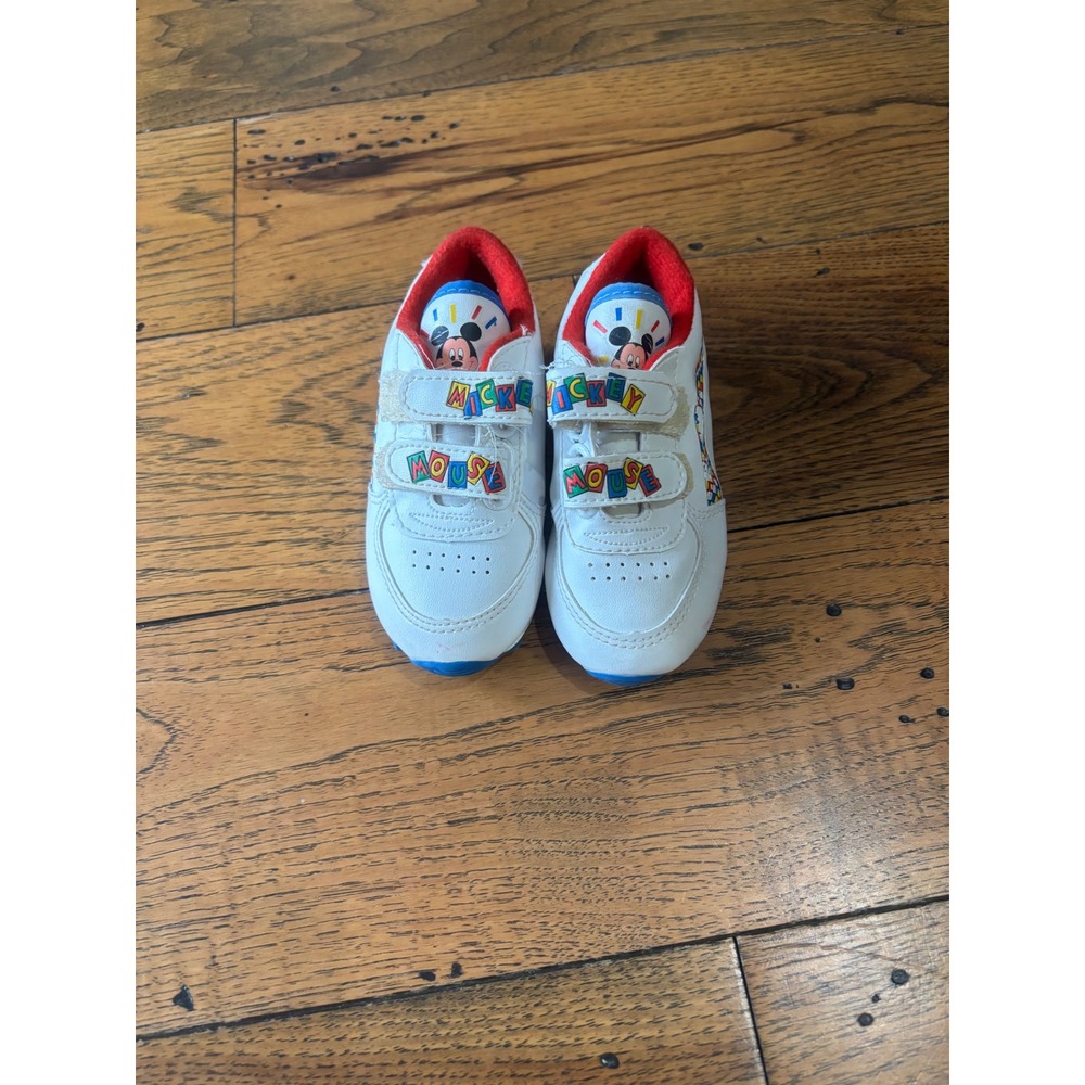 Vintage Kids Mickey Mouse Sneakers White Red Blue Hook Loop Closure Sz 5 Toddler